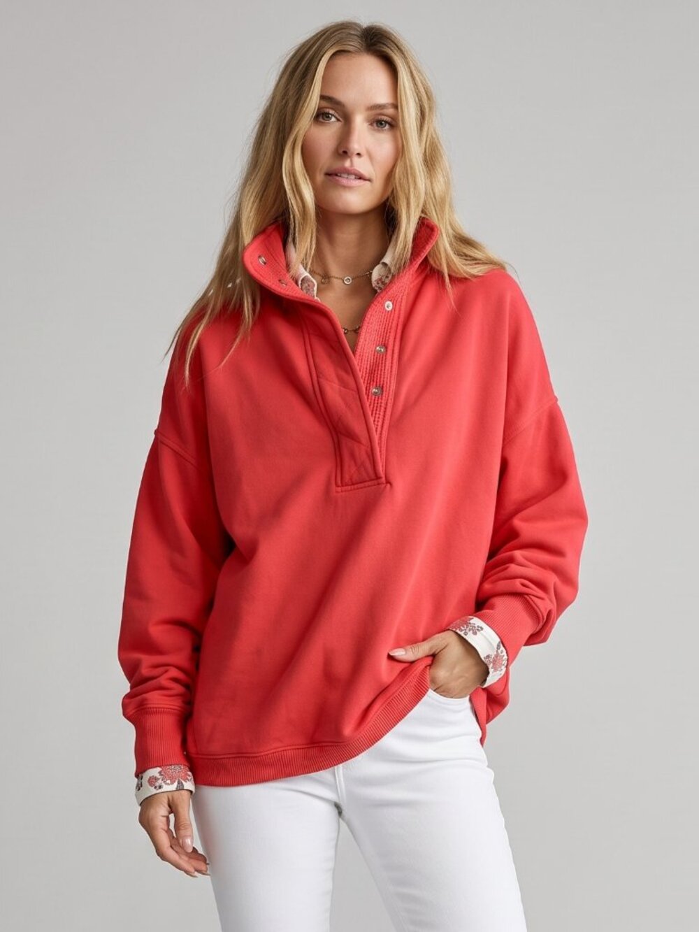 Women's Red Cotton Oversized Henley Sweatshirt Button Neck Casual Pullover Tops - Picture 1 of 6